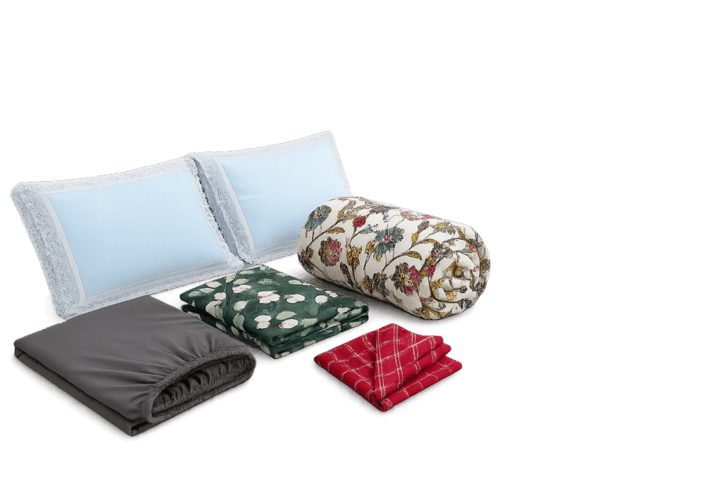 Image of products Bedsheet basket pillows and kitchen cloths.