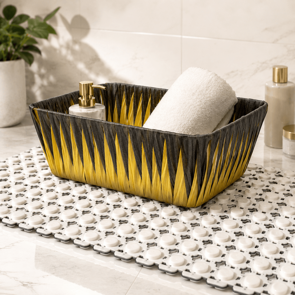showing the high end quality of basket and shower mat