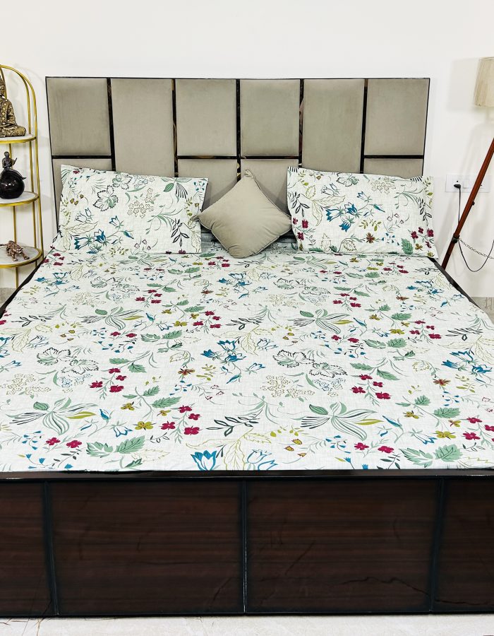 JAZKAA 6933 King Size Fitted Pure Cotton Bedsheet | 220×255 cm Double Bed Fitted Bed Sheet with 2 Pillow Covers | Deep Pockets | Bedding Set